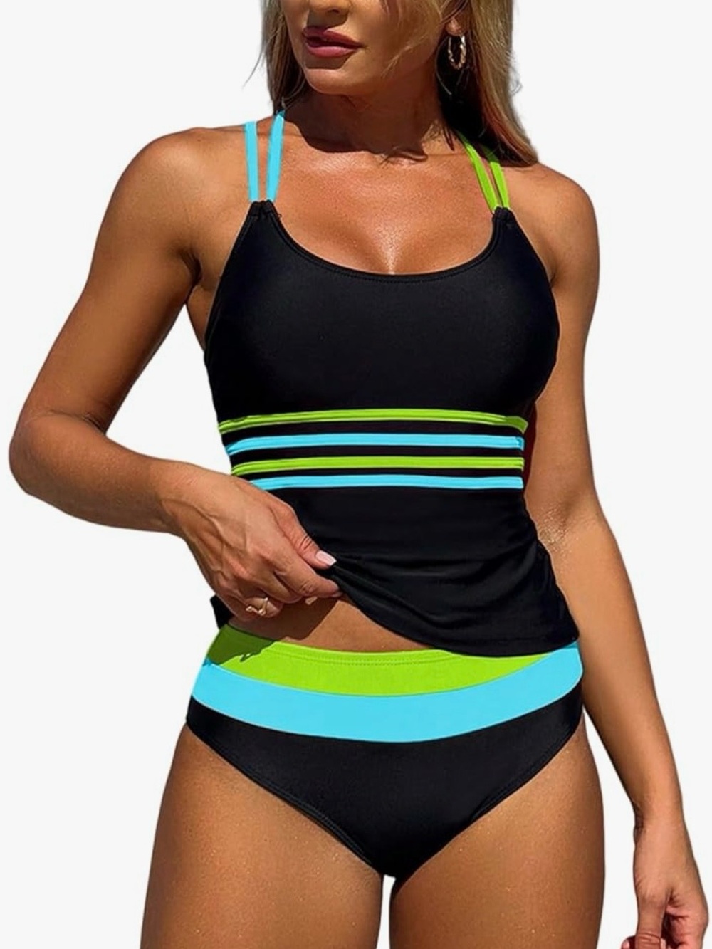 Zaful Black Tankini with Lime and Aqua Stripe Accents